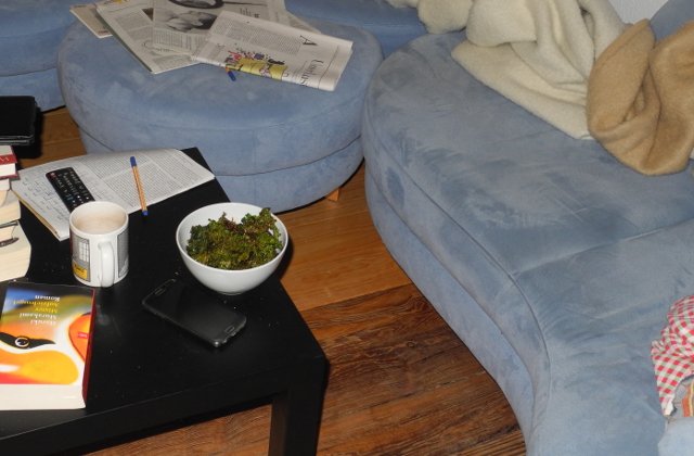 Chips de col verde en el sofá