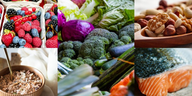 Eine ausgewogene Ernährung beinhaltet viel Gemüse, Obst, Eiweiß, Kohlenhydrate und gesunde Fette.