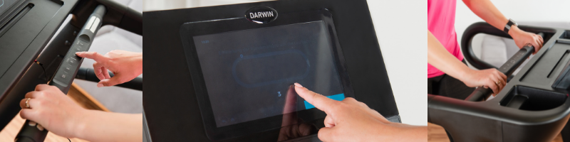 Die Trainingssteuerung des Darwin TM70 Touch mit Blick auf die Schnellwahltasten, die Handpulssensoren und die Touchfunktion
