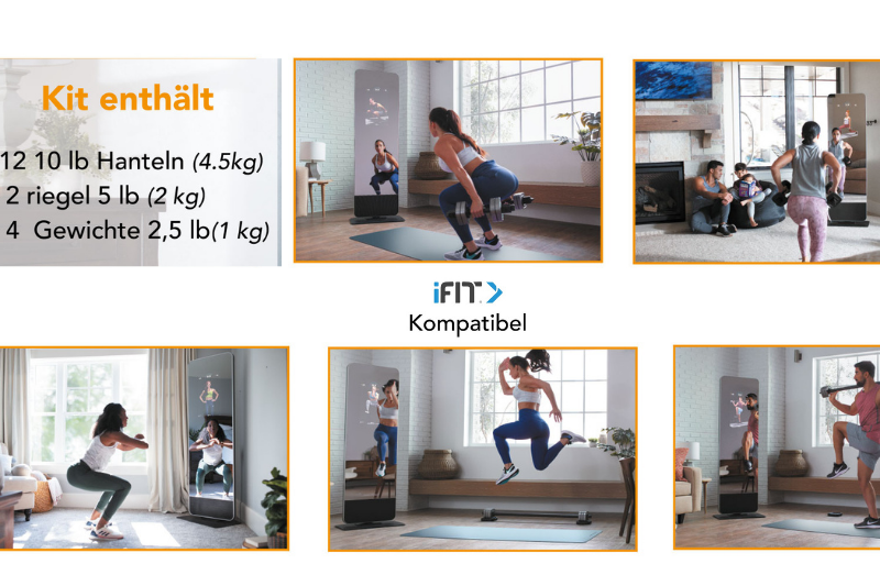 Der Vue Fitness-Spiegel enthält Kurzhanteln, Langhanteln und Gewichte. Er ist mit der iFIT App kompatibel für verschiedene Workouts.