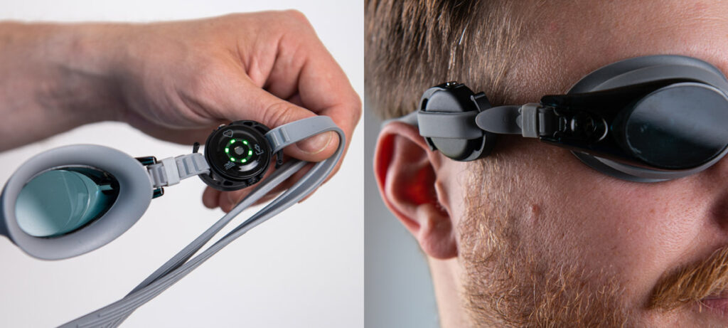 Der Verity Sense hat einen Schwimm-Clip, der es ermöglicht den Sensor an der Taucherbrille zu fixieren. Dadurch kann der Sensor während der Schwimmeinheit den Puls an der Schläfe messen.